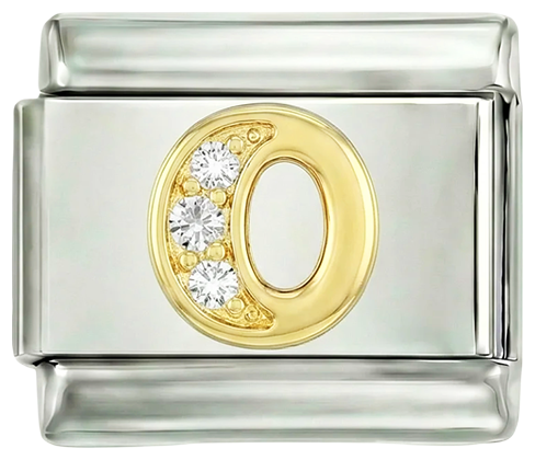 Letra O en oro con piedras, sobre plata