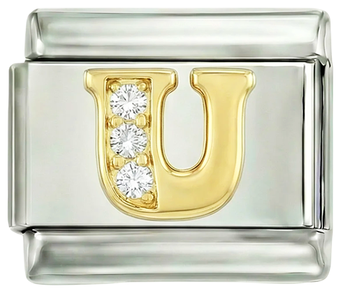 Letra U en oro con piedras, sobre plata