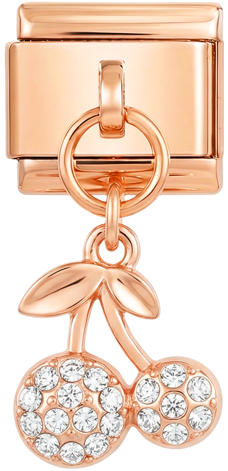 POR AGREGAR - Par de pendientes colgantes con diseño de cerezas y piedras en oro rosa