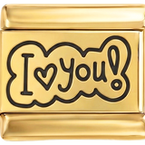 Por añadir - ¡Te amo! en negro dentro de una burbuja sobre fondo dorado