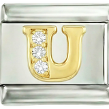 Letra U en oro con piedras, sobre plata