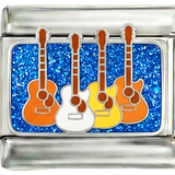 Varias guitarras sobre fondo plateado