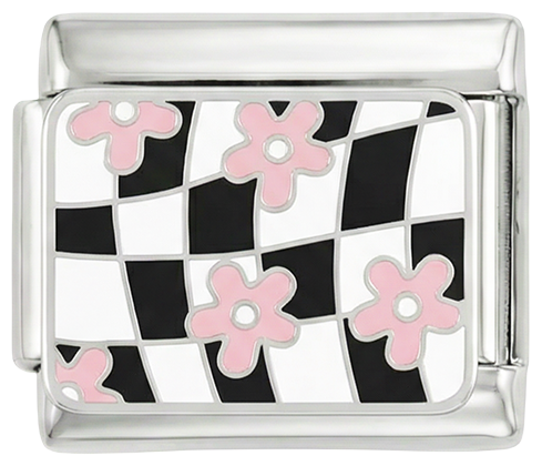Black & White Checkers with Pink Flowers on Silver - black-white-checkers-with-pink-flowers-on-silver.png